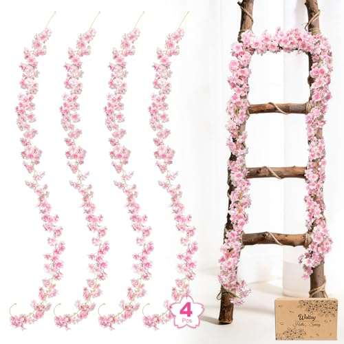 Woltoy 4 Pcs Artificial Flowers, 1.8m Pink Cherry Blossom Garland, Long Fake Flower Vine for Wall, Staircase & Party Event Decoration