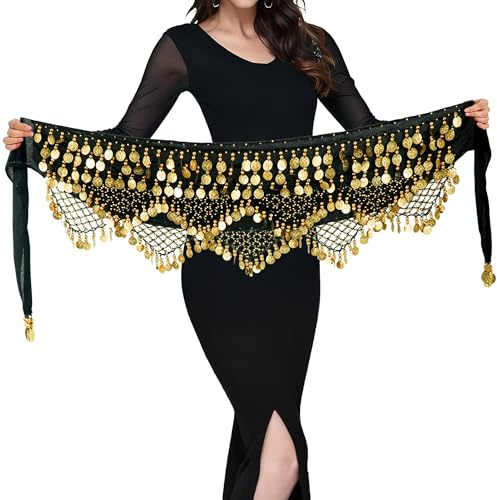MUNAFIE Women's Belly Dance Hip Scarf Jingling The Coins Belt Wrap Skirt for Festival Outfit Black Gold