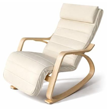 Bayt Sillón Relax Mecedora, Mecedora de Lactancia y Sillón de Lectura, Butaca de Salón Cómoda con Reposapiés, Patas de Madera, Estilo Escandinavo Moderno, Blanco