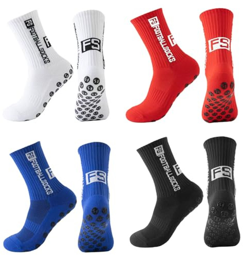 GNALIA Chaussette Foot Enfant 4 Paires Antidérapantes Blanc Noir Bleu Marine Rouge Taille 33-39 Football Basketball Rugby