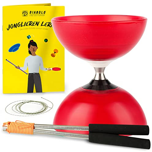 Diabolo Freizeitsport - Diabolo Set de Jonglage Professionnel - Roulement à Billes- Rouge - Baguettes en Aluminium - Ficelle de Remplacement Supplementaire - Guide inclu - pour PROFIS - Profi Set