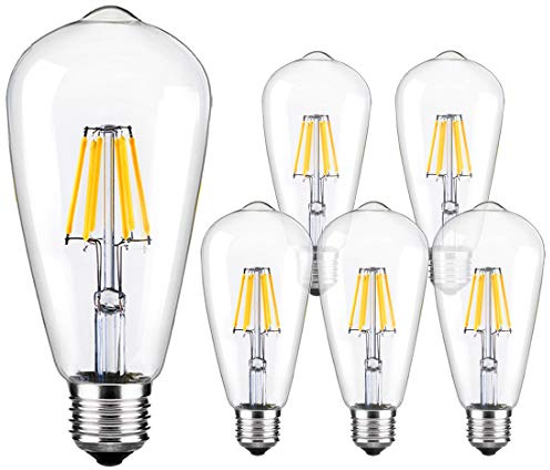 LUXON LED Edison Bulbs,Dimmable Vintage Light Bulb,6W 5500K - 6000K Bright Daylight White,E26/E27 Base 6-Pack Antique Filament Bulb