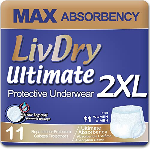 LivDry Ultimate 2XL Adult Incontinence Underwear, Max Absorbent Diapers for Women and Men, XXL 60” -80 Waist, Leak Proof Cuff, XX-Large, 11-Pack