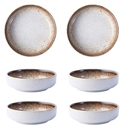Colias Wing 3.5 Inch Japanese Style Classic Porcelain Side Dish Bowl Seasoning Dishes Soy Dipping Sauce Dishes-Set of 6-Beige&White