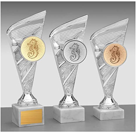 eberin – Seepferdchen Pokal in 3 Größen: Gold 24cm, Silber 22,8cm, Bronze 21,8cm – Schwimmabzeichen Trophäe Award mit schwerem Sockel und Gravuroption