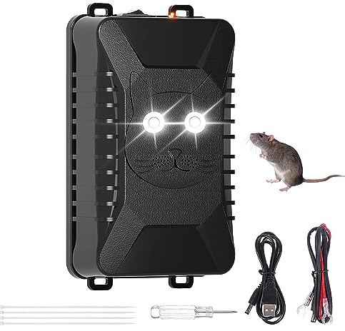 munloo 12V Ultrasonic Car Mice Repellent with Flash, Anti-Martor Repellent for Car, Garage, Barn, Warehouse, Powered, Battery, for Insects, Mosquitoes, Spiders