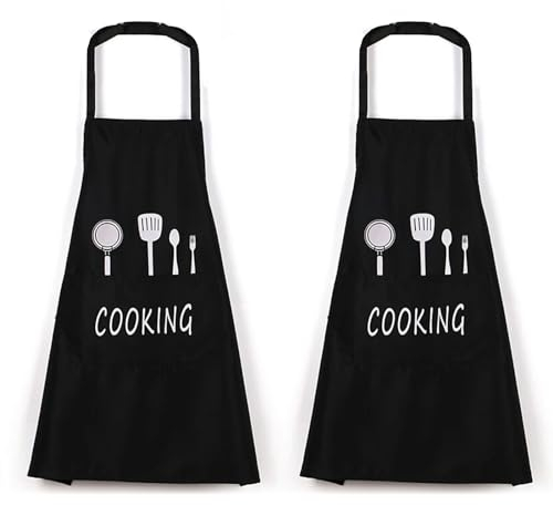 Hyakoz 2 Pezzi Grembiule Cucina Nero Cucina Impermeabile Con Tasche Grembiuli Unisex da Chefs Grembiule Per Cucina Ristorante Lavoro Barbecue Giardinaggio Artigianale Cottura