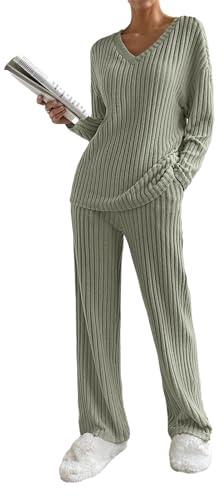 SotRong Ribbed Knitted Lounge Wear Sets for Women Uk Ladies Leisure Suits Two Piece Outfit Tracksuit Set Long Sleeves V Neck Baggy Pullover Tops Wide Leg Long Pants Army Green L
