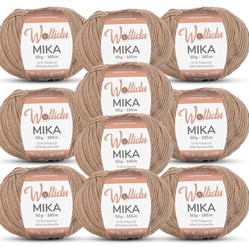 Wollidu Mika 51 % polyakryl, 49 % bomull för virkning och stickning, 10 x 50 g/165 m, Oeko-Tex stickgarn, virkgarn – kamelfärger