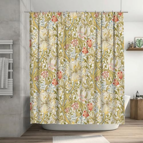 Ansouyi William Morris Shower Curtain Set with 12 Hooks, Bath Curtains Waterproof Polyester Fabric, Lily Art Nouveau Floral Home Bathroom Bathtubs Decor Washable Durable Fabric, 72 Wx72 L