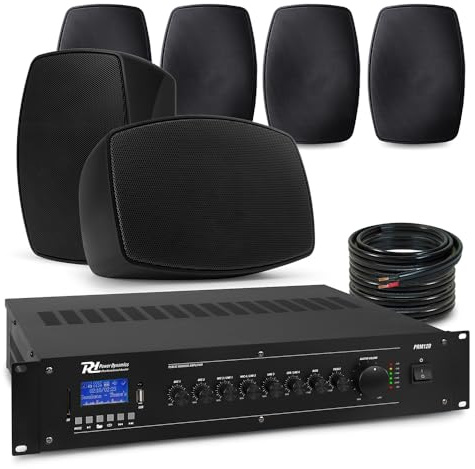 PD 6x 4 BHW40BL Black Wall Mounted Speakers, Outdoor Commercial Sound System, Multi-Zone 6-Channel Amplifier, Bluetooth, IPX5 Weatherproof, Pub & Restaurant Background Music