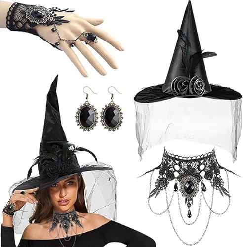 UZNIYTR Cappello da strega decorazione pipistrello, Cappello da strega, di Halloween nero pieghevole increspato cappello da mago donne cappello a punta di con ciondolo pipistrello cappello da