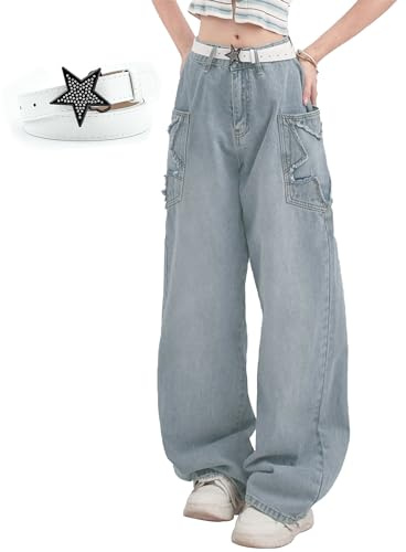 DINGJIUYAN Wide Leg Star Jeans with Belt Women Y2k Low Rise Grunge Baggy Jeans Teen Girls Denim Pants Streetwear Blue XXL