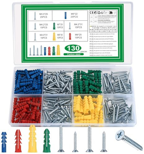 Dübel Schrauben Set, 130 Stk Wand Dübel und Schrauben Set, Universaldübel mit Schraube, Selbstbohrende Flachkopfschrauben Holzschrauben mit Gipskartondübel, für Ziegel, Beton, Trockenbau