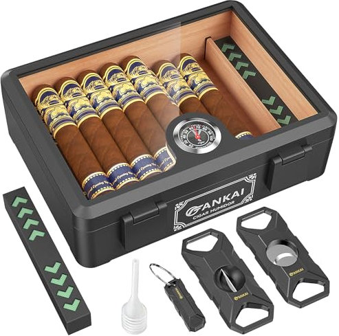 FANKAI Humidor per sigare, scatola con coperchio in vetro e umidificatore, custodia a prova di caduta indeformabile, rivestimento in legno di cedro