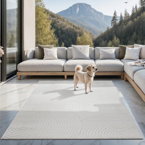 the carpet Santo Plus Outdoor Teppich – Wetterfest & Pflegeleicht, Balkon Teppich, Terrasse & Garten, Flachgewebe Indoor & Outdoor, Modern für Wohnzimmer & Schlafzimmer, Creme, 80 x 150 cm