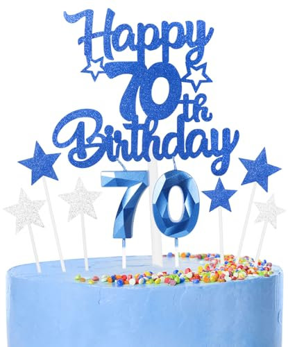 Décoration Bleu Gâteau 70 Ans Anniversaire,9 Pièces Cake Topper 70 Ans,Bougies, Étoiles & Cœurs pour Cupcakes Décoration de Gâteau pour Femmes/Homme
