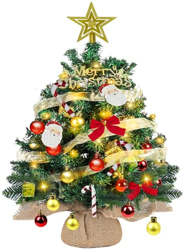 Mini Christmas Tree with Lighting LED 60cm/24 Tabletop Xmas Tree Battery Operated Lighting Artificial 2FT Desktop Ornaments T-ree with Berries, Pine Cones&Bows for Home,Kitchen,Office,Bar Decor