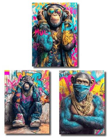 Set di 3 poster scimmie – Non vedere, sentire, dire – Street Art Pop Art Decorazione da parete DIN A2 – Graffiti immagini con stile – Divertente decorazione per soggiorno, ufficio o camera dei ragazzi