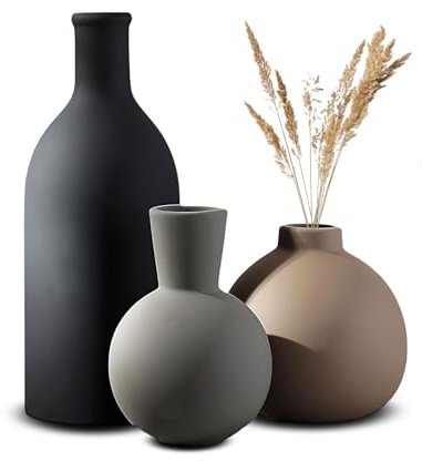 MerwDeeyt Black Ceramic Vase Set 3Pcs Round Matte Vases | Ceramic Flower Vase, Decorative Vases, Modern Minimalist Desktop Ornament, for Dry Flowers, Living Room, Office Shelf Styling