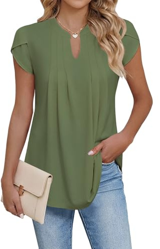 Cuptacc T-shirt för kvinnor, kortärmad, V-ringad tunika, elegant, rynkad, blommig blus, topp