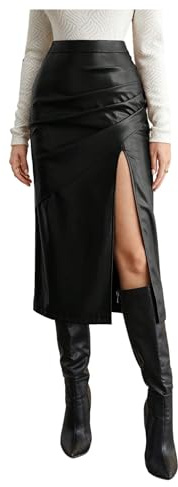 GORGLITTER Women's Leather Ruched High Slit Midi Skirts High Waisted Bodycon Rave Going Out Skirt