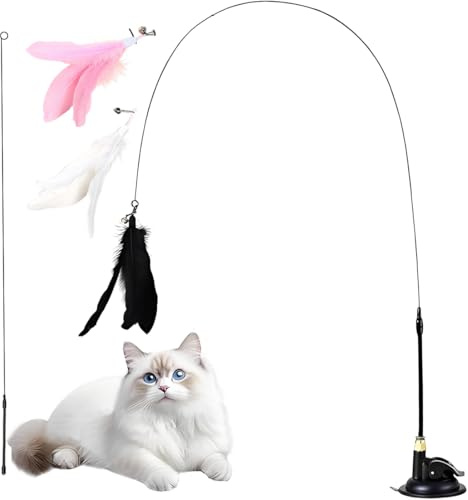 XEPWOLU 4 Pièces Jouet Chat Interactif, 2 En 1 Détachable, Interieur Jouets Pour Chats Avec Ventouse, 1 Canne À Pêche Pour Chaton Avec 3 Plumes, Jouets Intelligence Chat Baguette