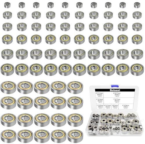 80pcs Mini Ball Bearing Assortment Kit，693zz,623zz, 685zz, 624zz, 687zz,627zz,626zz, 608zz 6 Sizes Carbon Steel Double Shielded Groove Bearings for skateboards, trolleys