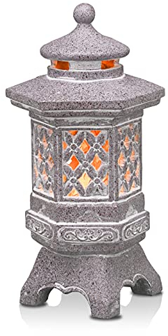 TERESA'S COLLECTIONS Gartendeko für Draußen Japanische Steinlaterne Pagode Statue Solarleuchte Kunstharz Gartenfigur Zen Gartendeko für Außen Terrasse Hof Geschenke für Frauen