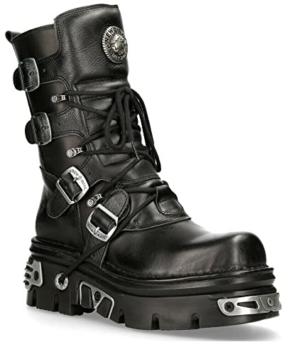 Stivali a Metà Polpaccio New Rock 373-S4 in Pelle Nera Metallizzata con Chiusura con Lacci e Fibbia Stile Gotico Punk 6.5