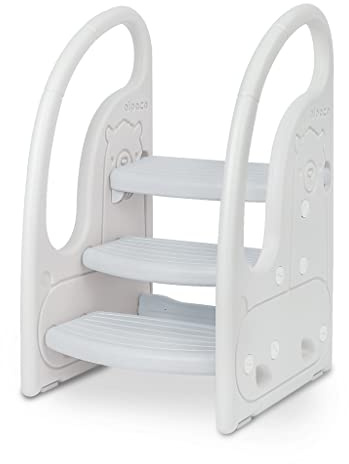 Onasti Scaletta gradini, Sgabello a tre gradini per bambini, Sedile per Addestramento per WC, Scaletta Bagno per bambini, Multifunzione, Regolabile in Altezza, Funzione Antiscivolo - (Grigio)