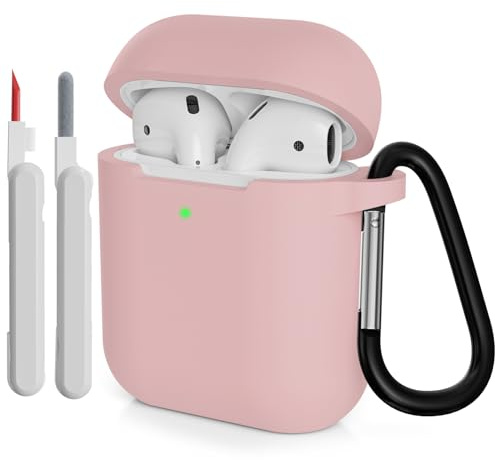 KOKOKA Case Cover Compatible with Airpods 2 with Cleaner kit, Premium Soft Silicone Skin Case Cover Shock Absorbing Protective Case for Airpods 2nd Generation with Carabiner, Pink