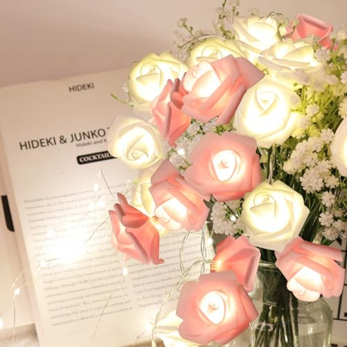 RECUTMS Lichterkette mit Rosenblüten, 20 LEDs, künstliche Rosengirlande, batteriebetrieben, für Valentinstag, Hochzeit, Muttertag, Mädchen, Zuhause, Innen- und Außenbereich, Dekoration (Rosa + Weiß)