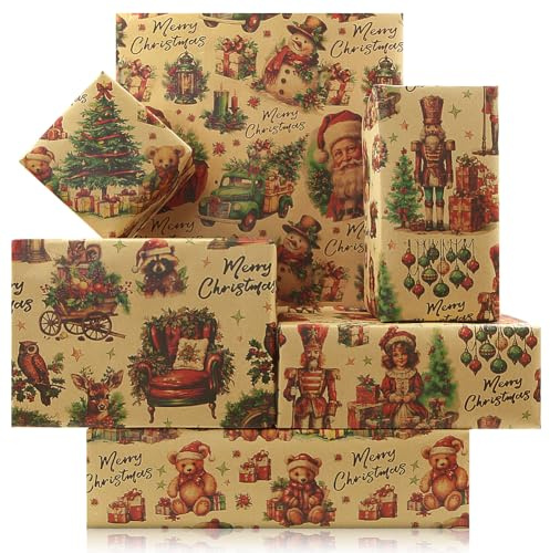 Papier cadeau de Noël rétro en kraft Boerni, 4 feuilles de papier cadeau plié pour Noël avec motifs de casseur de noix, père Noël, hibou, élan, ours, camion, bonhomme de neige pour anniversaire, baby