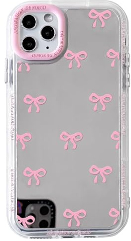 NITITOP Compatible with iPhone 11 Pro Max Case Cute Glossy Mirror Little Bowknot Pattern for Women Girls Ribbon Design Pink Lens Bezel Design Shockproof Silver Protective Phone Cover - Pink