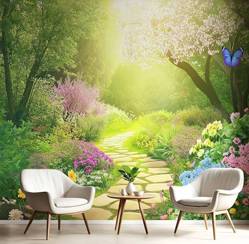 Carta da Parati Panoramica Alberi Della Foresta 300×210 CM (W×H) Carta da Parati Fotografica in Seta 3D Sentiero In Pietra Poster Gigante Murale Soggiorno Della Parete Della Camera da Letto