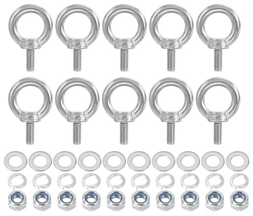 PATIKIL Perno De Ojo M5 x 12mm Con Tuerca, Paquete De 10 Acero Inoxidable 304 Perno De Ojo De Hombro Para Elevar Tornillos Roscados Para Colgar, Plateado