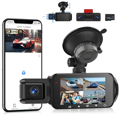 VECHTEL 2K Wi-Fi Dashcam Auto, Pantalla IPS de 3 Pulgadas Dash CAM Auto con Visión Nocturna, Tarjeta 128GB Gratis, G-Sensor, Modo Parking 24H, Grabación en Bucle, Asistente de Marcha Atrás