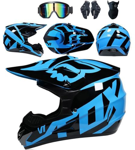 SMTSEC Casque De Moto pour Jeunes Casque De Motocross Adultes Enfants Casques De Cross Casque De Moto Enduro Casque VTT Intégral Certifié Dot avec Lunettes Masque Gants Casque De Descente,Blue/A-M