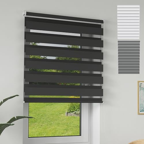 XMTECH Doppelrollo Klemmfix ohne Bohren Schwarz 90x150 cm – Zebra Rollo lichtdurchlässig & verdunkelnd, Duo Rollo Klemmrollo für Fenster & Türen, modernes Seitenzugrollo Sonnenschutzrollo