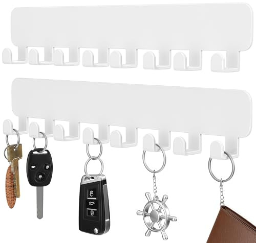 pickpiff White Key Holder for Wall Adhesive, Key Hooks with 8 Hooks Wall Mounted, Black Key Hangers for Wall Decor No Drill for Living Room, Kitchen, Office (2 Pack)