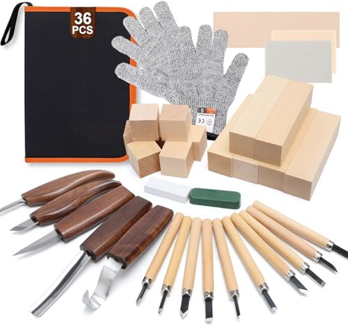 Juego de 36 Herramientas para Tallar Madera, Set de Tallado de Madera con 5 Cuchillos de Tallar 10 Cuchillos de Detalles 14 Bloques de Tilo y Accesorios para Principiantes y Profesionales