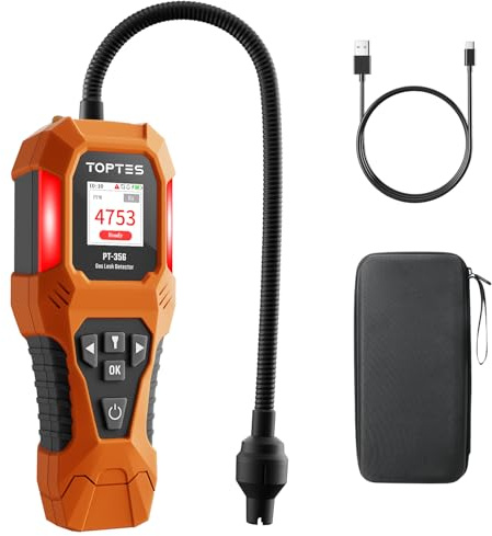 TopTes PT-356 Rilevatore di gas ricaricabile con sonda da 25 cm, campo 0-20% LEL, triplo sistema di allarme, Rilevatore Perdite di Gas con doppia modalità di visualizzazione per metano e butano