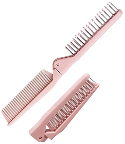 Dual-Head Folding Hair Brush Comb | Portable Travel Size Hairbrush with Soft Bristles for All Hair Types, Anti-Static Lightweight Pocket Comb for Men Women Salon Gym Daily Styling (Pink)