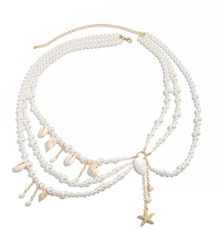 JewelryWe Sommar boho kroppskedja dam: flerskikts magkedja med pärlor och mussla hängsmycken justerbar sjöstjärna, höftkedja, bodykedja, elegant smycke för bikini, sommar, festival, fest