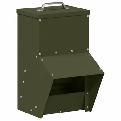 Mangeoire à poules en acier laminé à froid Vert olive 20 x 25 x 35 cm Distributeur de nourriture pour volaille avec toit et poignée de transport Design résistant aux intempéries pour clapier et