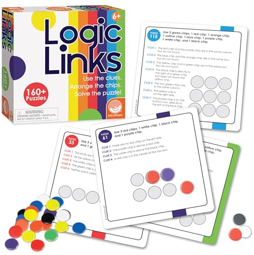 MindWare Logic Links Puzzle Games - Brain Teaser Puzzles for Kids and Brain Games for Adults - 166 Challenging Brain Puzzles, 32 Game Chips - Ages 6+