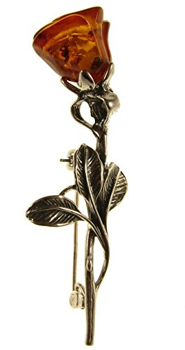BALTIC AMBER AND STERLING SILVER 925 DESIGNER COGNAC ROSE BROOCH PIN JEWELLERY JEWELRY