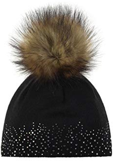 Eisbär Mütze Damen Nalin Lux Crystal Schwarz - Merino für Frauen - mit Kunstfell-Bommel und Swarovski-Kristallen edle Bommelmütze mit warmen mit Fleece Futter schützt vor Kälte und Wind