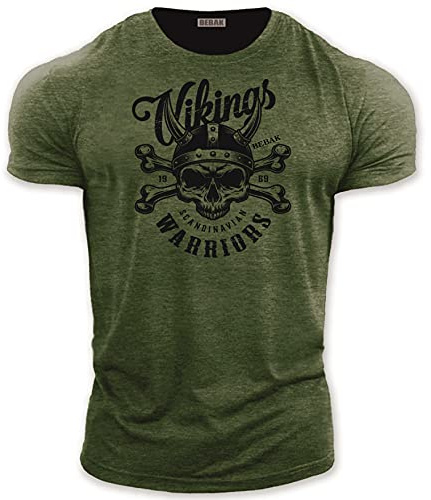 bebak Mens Gym T Shirt | Viking Warrior | Gym Clothes for Men | Arnold Bodybuilding T Shirt | Ideal for MMA Strongman Crossfit (UK, Alpha, L, Regular, Heather Military Green)